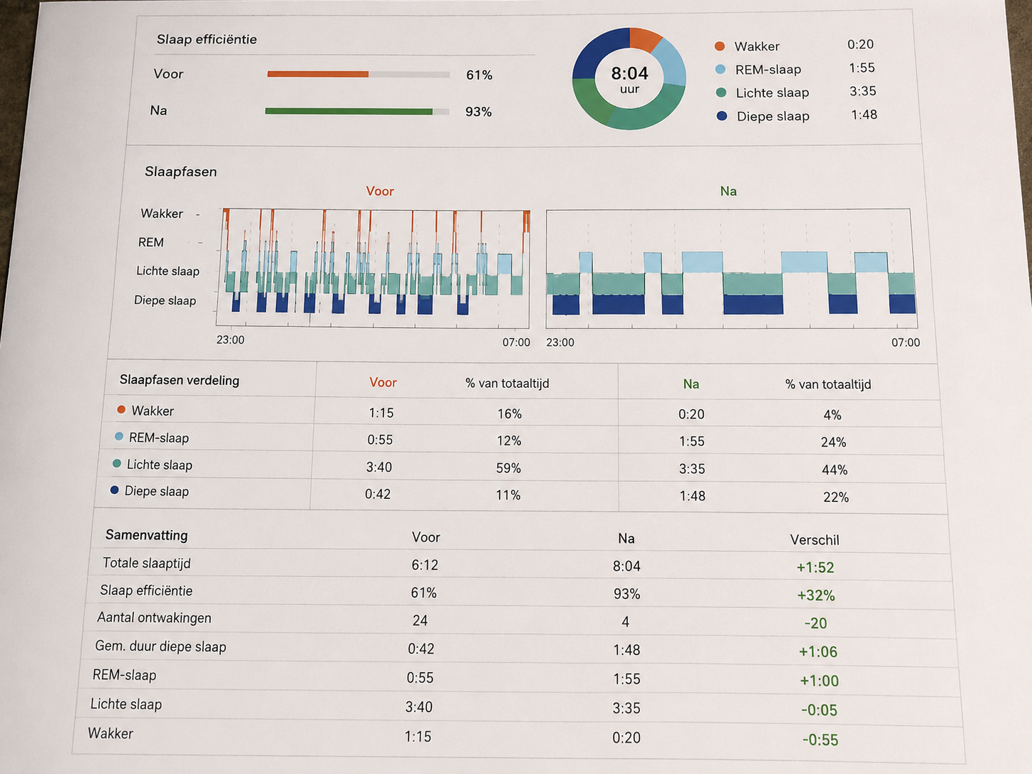 Slaaptest resultaten voor en na — 61% naar 93% slaapefficiëntie